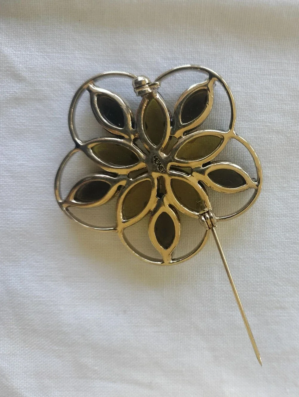Amber Green Monet Marked Brooch-Vintage-Blue Center-marquis
